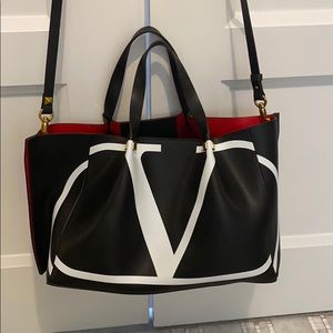 Black and red tote bag. Real leather.